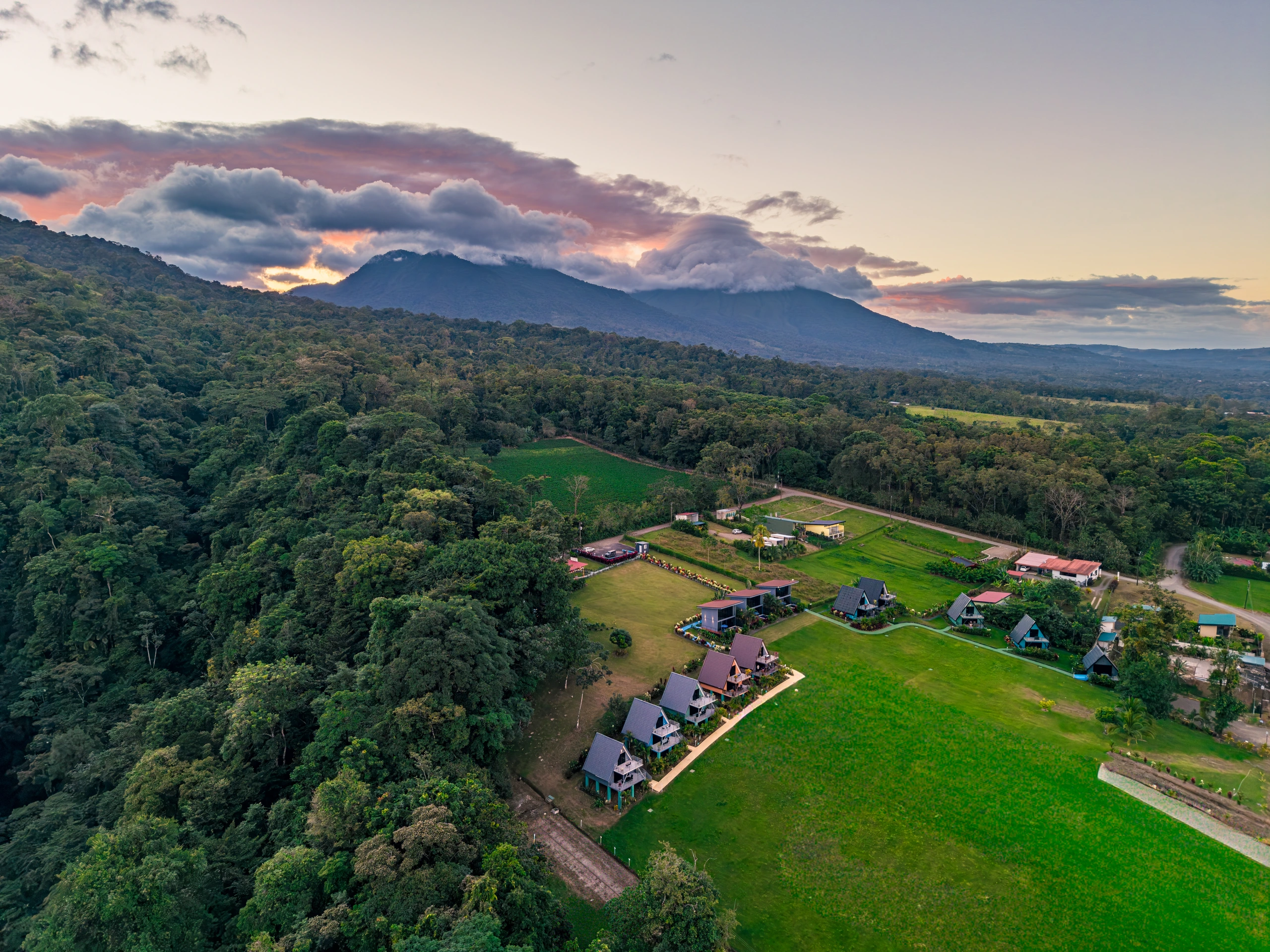 Sunset colours over Junglo Resort and the forest near La Fortuna